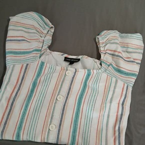 Lane Bryant 18 cap-slv fully-line white/aqua/coral vert-stripes linen blnd top - Picture 5 of 11